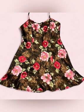 Vintage Sofia by Delicates Floral Spaghetti-Strap Slip Dress in Brown and Pink